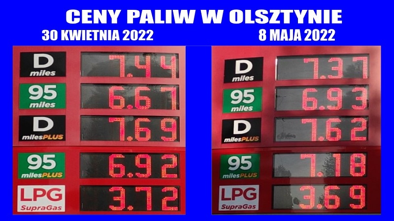 Ceny paliw w Olsztynie 8 maja 2022