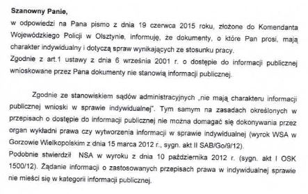 Odpowiedź KWP w Olsztynie na pismo z dn. 19 czerwca