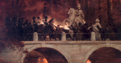 Wojciech Kossak - Starcie belwederczyków z kirasjerami rosyjskimi na moście w Łazienkach 29 listopada 1830 - domena publiczna